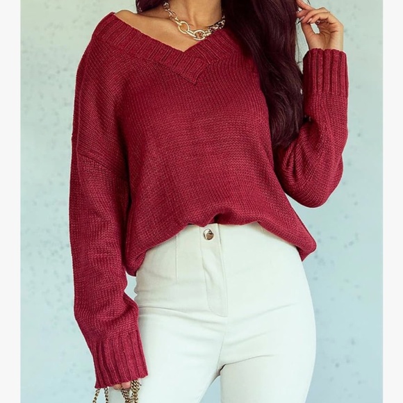 V-Neck loose l/s Sweater- deep red - Picture 3 of 11